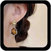 Vacaonio Vintage Amber Gemstone Dangle Earrings Amber Teardrop Earrings Gold Brown Amber Drop Earrings Amber Gemstone Earrings Large Amber Earrings Jewelry for Women