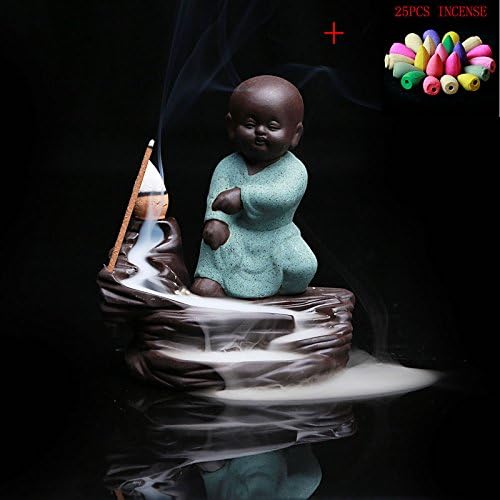 ZEETOON 25pcs Incense and Little Monk Incense Holder Censer Ceramic Yixing Backflow Stick Incense Burner Buddha Purple Clay Pottery Base Creative Home Decor (Green-B)