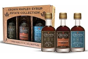 Crown Maple Premium Trio Collection in Petite 50ML (1.7 Fl. Oz.) Window Box featuring Amber Color, Bourbon Barrel Aged, and Madagascar Vanilla Infused Organic Maple Syrup