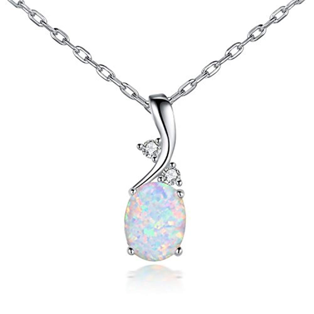 HMOOY Silver Plated Created Gemstone Birthstone Blue Oval Opal Pendant Necklace for Women Mother Women (Silver)