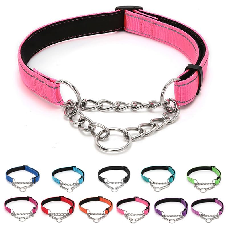 LOS ANDES Dog Choke Collar Martingale with Limited Chain, Soft Padded No Pull, Reflective Training Collars for Large, Medium and Small Dogs(S:Neck 25-45cm,Pink)