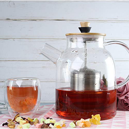 IDEALUX Glass Tea Kettle 64OZ, Large Tea Maker with SUS304 Tea Infuser & Bamboo Lid, Stovetop