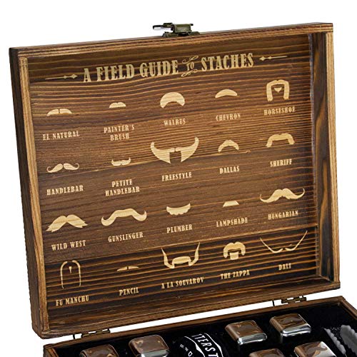 Atterstone Whiskey Glass Box Set Includes 2 Glasses, 8 Chilling Stones, Storage Bag, Silicone-Ended Tongs, and Wood Box with Etched interior, Gift Box Set