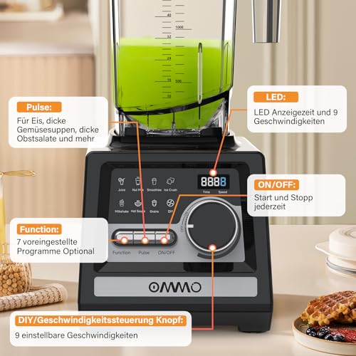 OMMO 2L Professional Blender, 1800W Smoothie Blender with 9 Speed Controllers for Breaking Ice, Milkshake, Frozen Drinks and Fruits, Dishwasher Safe, BPA Free