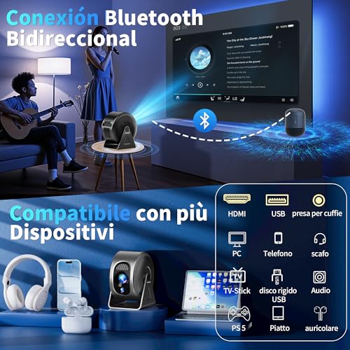 Mini Projector [Integrated Apps & 2026 Upgraded] Support 4K 1080P, Portable Projector Auto Focus/Keystone with WiFi 6 and Bluetooth 5.4 Correction 360°Rotation, Mini Projector Home Theater – Grey