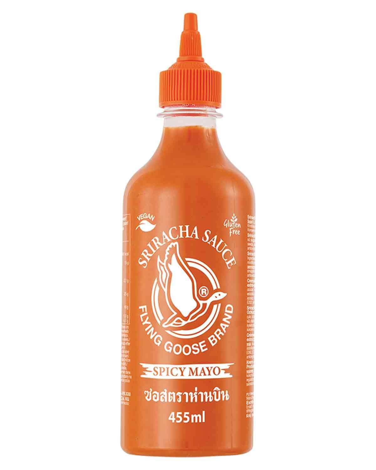 FLYING GOOSE Sriracha Spicy Mayoo Sauce, extra scharfe Mayonnaise, sehr scharf, orange Kappe, Würzsauce aus Thailand, vegan, glutenfrei, 1 x 455 ml