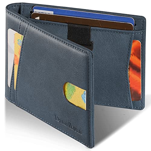 Damaikuan Slim Bifold Front Pocket Wallet For Men Minimalist RFID Blocking Leather Gift Blue 12 Cards Slots 1 ID Window Money Strap