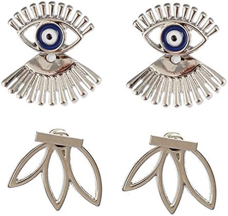 Calors Vitton 2Pairs Fashion Jewelry Lotus Flower and Evil Eye Eyelashes Stud Earrings Lucky Gift Silver