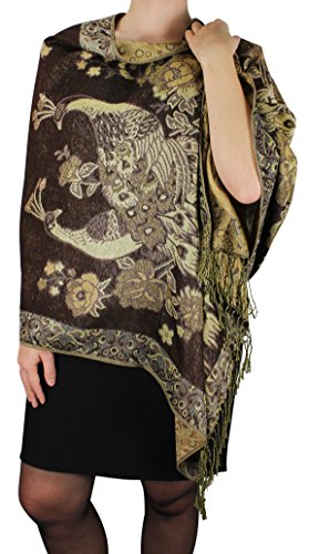 Peach Couture Floral Peacock Reversible Shimmer Layered Pashmina Wrap Shawl Scarf Brown