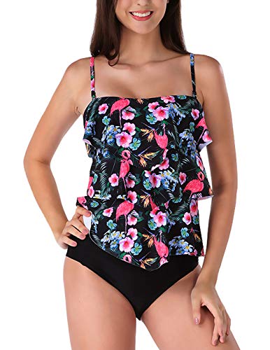 Ladies Tankini Swimsuits Tummy Control High Neck Floral Bikini Set XL Red