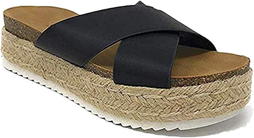 SurBepo Women’s Platform Espadrilles Criss Cross Slide-on Open Toe Faux Leather Studded Summer Sandals (8.5 B(M) US-EU Size 40, 1/Black)