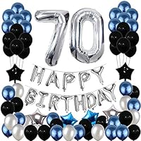 70th Birthday Decorations,70 Birthday Balloons Party Supplies Happy Birthday Banner Blue and Silver Black for Women Men(81PCS)