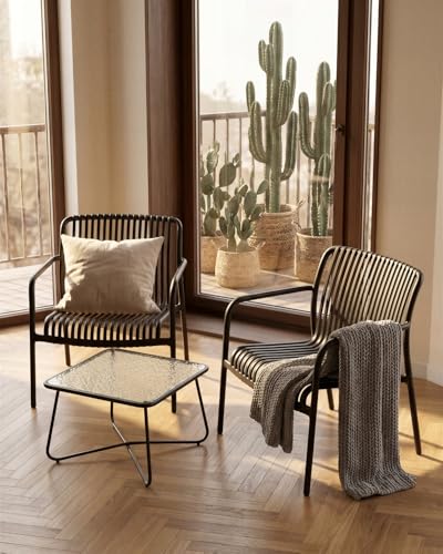 HariNorgen 3 Piece Patio Bistro Set Indoor Conversation Set Outdoor Garden Balcony 2 Large Black Plastic Armchairs & Square Glass Top Coffee Side Table,Black