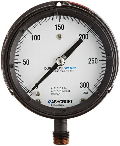 Ashcroft Duragauge Type 1279 Black Phenolic Case Pressure Gauge with PLUS Performance Option, 316 Stainless Steel Bourdon Tube and Tip, 316 Stainless Steel Socket, Solid Front Case, 4.5" Dial Size, 1/2" NPT Lower Connection, 0/300 psi Pressure Range