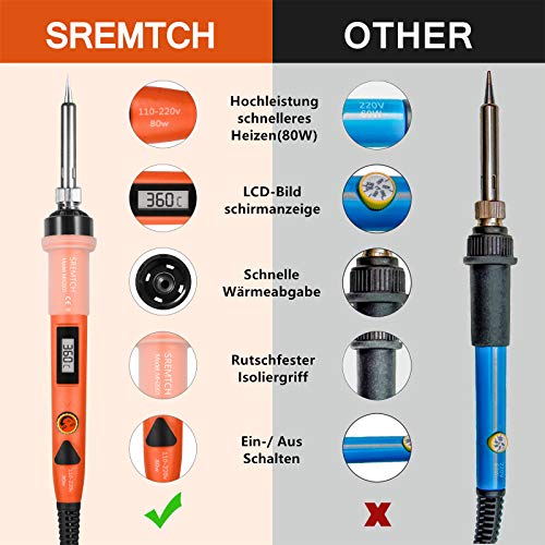 Lötkolben Set, SREMTCH 80W Lötkolben mit LCD Bildschirm(200 ° C - 450 ° C) 20in1 Lötset mit EIN/AUS-Schalter und Einstellbarer Temperaturknopf, Pro Schnell erhitzendes keramisches Thermostat Design – Bild 3