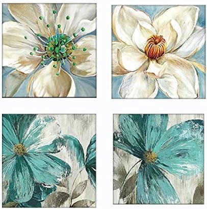 4 Pieces White and Teal Orchid Flower Floral Wall Decor Canvas Print