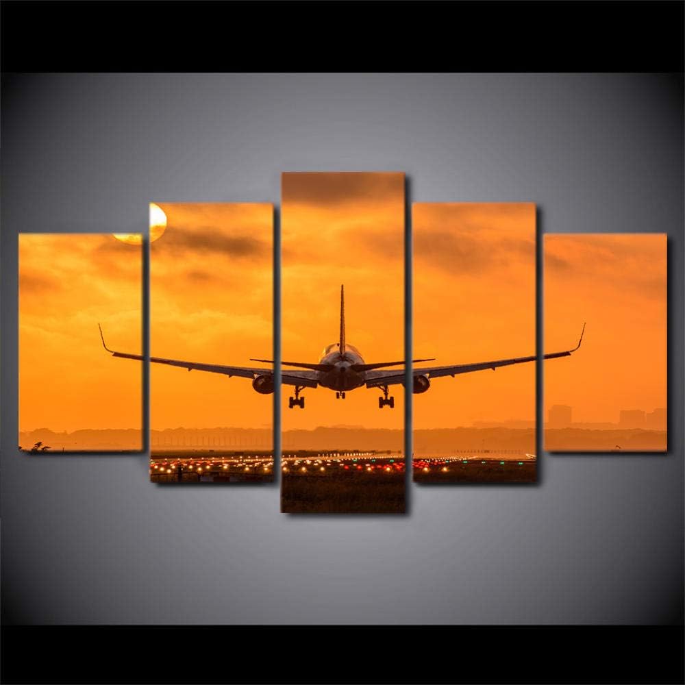 GDPOOTREE 5 Pieces Sunset Plane Takeoff Canvas Painting Modular Picture Living Room Home Wall Art Decoration Poster