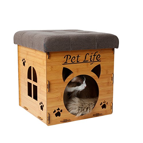 PET LIFE ‘Kitty Kallapse’ Collapsible Folding Kitty Cat House Tree Bed Ottoman Bench Furniture, One Size, Light Wood