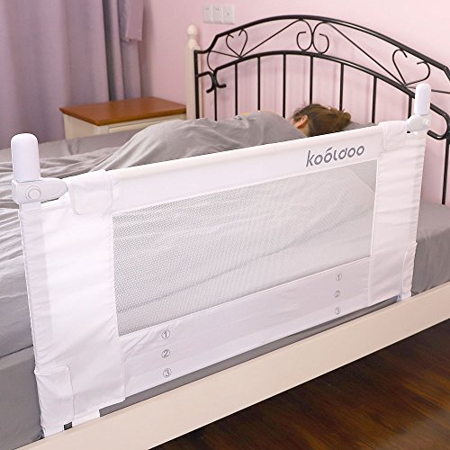 KOOLDOO 43" Vertical Lift Toddlers Safety Bed Rail Children Bed Guard with NBR Foam Include 1Pc Seat Belt (White)