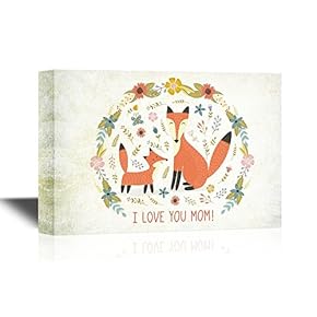 Canvas Wall Art - I Love You Mom with Baby Fox and Mother Fox Gallery Wrap Modern Home Art | Ready to Hang - 12x18 inches