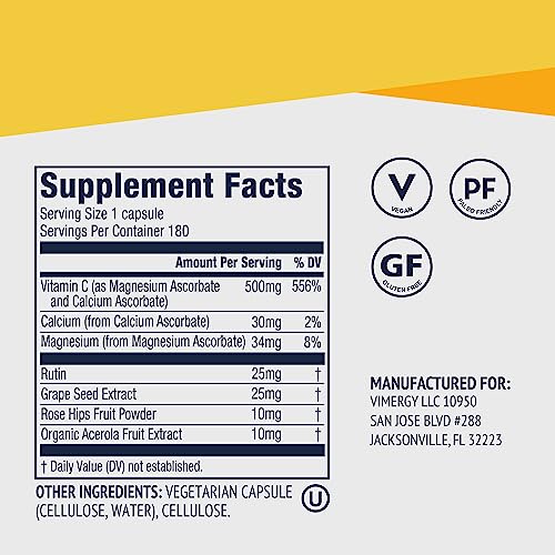 VIMERGY Micro-C Capsules – Vitamin C Supplement with Rose Hips - Helps with Immune Function, Source of Antioxidants – Vegan, Non-GMO, 500mg - 90 Capsules