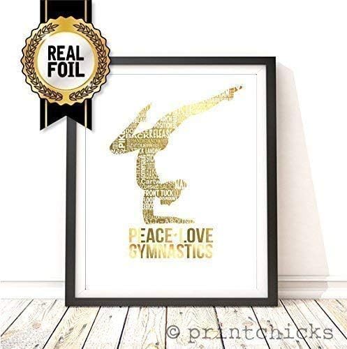 Gymnastic Gold Foil Decor Art Print 8x10 - PrintChicks Gymnast in Metallic Pink, Dark Violet, Teal Foil Poster Modern Wall Art