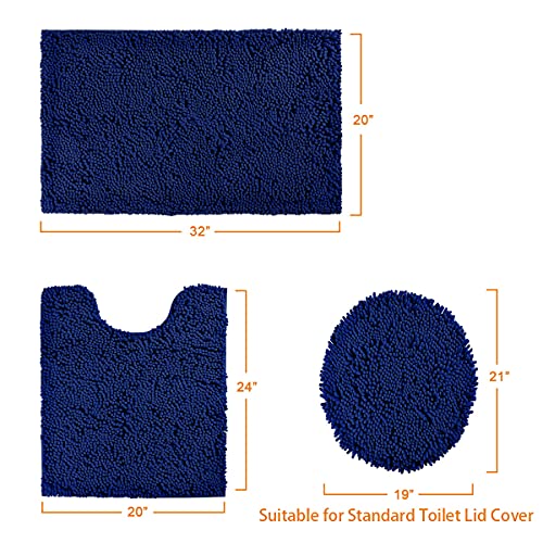BYSURE Navy Blue Bathroom Rug Set 3 Piece, Bath Rugs Toilet Rugs and