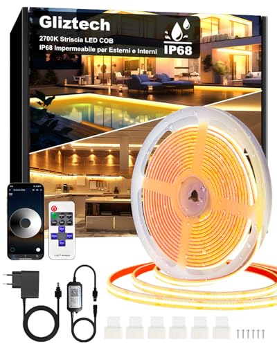 Gliztech 15 m COB LED Strip IP68 Waterproof, 2700 K Self-Adhesive White LED Strip for Outdoors with 24 V Power Supply, BT APP and Remote Control for Gutters Garden Swimming Pool Terrace Kitchen