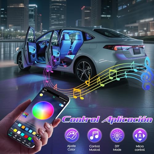 Luzes LED Interiores de Carros, Controlo de App de Acessórios Automóveis, Presente para o Dia da Mãe, Homens, Mulheres, Luzes USB, Luzes Ambientes para Carros (1)