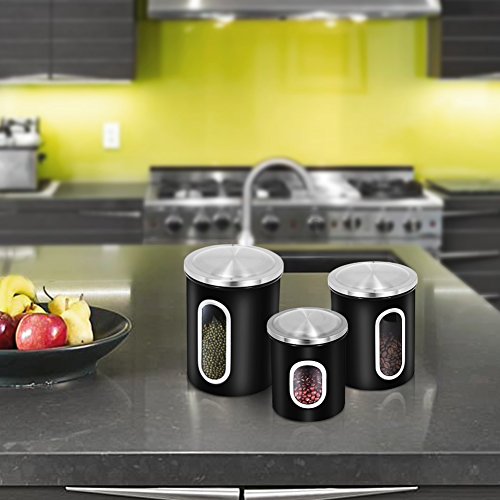 MLO E-CO Canisters Sets for Tea Coffee Sugar Food Canisters with Airtight Lids, 3-Piece Set (Black)