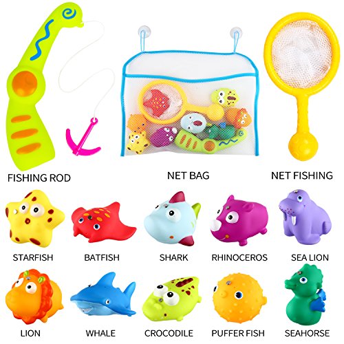 Bath Toy,13 Pcs Magnetic Fishing Game and Floating Squirt Water Toys with Organizer Bag for Boys Girls, Education Toy for Children, Toddlers, Kids Bathroom Bathtub Bathtime Swimming Pool Party Favors