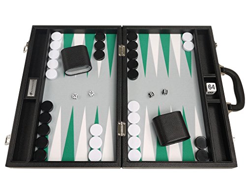 16-inch Premium Backgammon Set - Medium Size - Black Board, White and Green Points