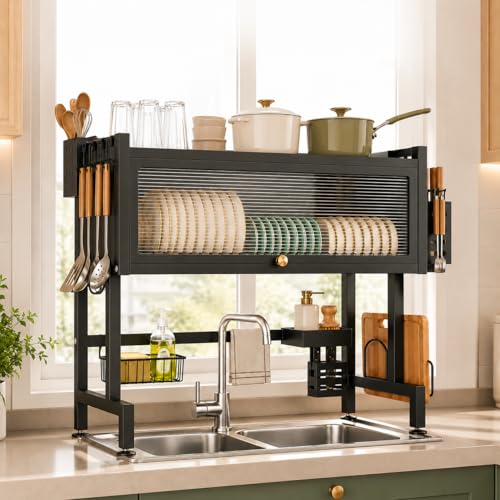 Laruno Escorredor de Louça Suspenso 75cm Preto Organizador de Pia Cozinha com Porta Pratos, Copos, Talheres, Utensílios e Escova de Limpeza