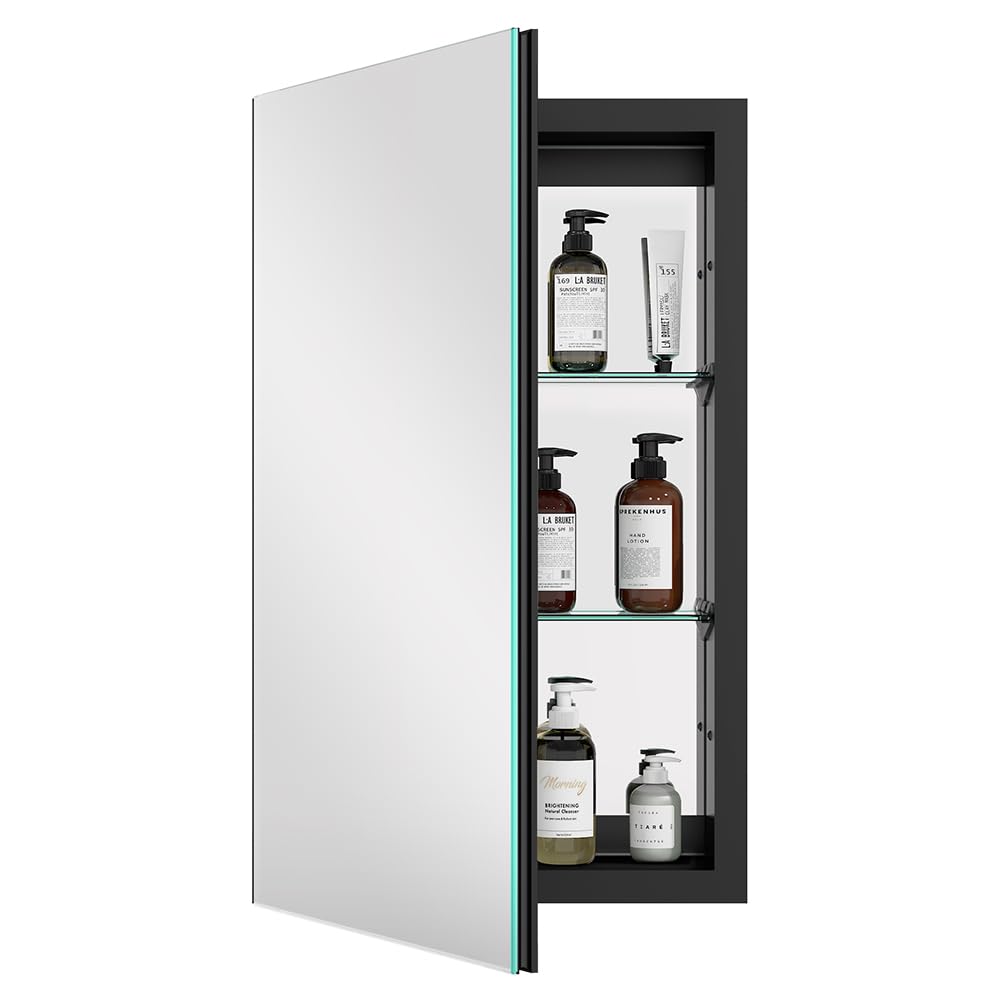 Photo 1 of Quavikey Bathroom Medicine Cabinet with Mirror, Aluminum Surface Mount or Recessed Medicine Cabinet Mirror 16x26 Inch, Black