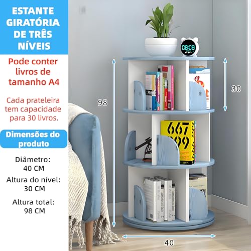 Estante Giratória Livros, 3 Andares, 98 * 40CM, 360° Estante Giratória, Livro