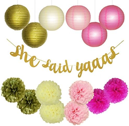 Finseng She Said Yaaas Glod Glitter Banner Sign Tissue Paper Pom Poms Paper Lanterns 15 Pcs Bachelorette Party Bridal Shower Decorations Kit