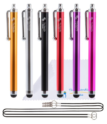 The Friendly Swede Basics - Bundle of 6 Capacitive Stylus Pens (Rubber Tip, Universal Compatibility) + Two 15Â¡Â± Lanyards + Microfiber cloth (Black, Purple, Pink, Red, Gold, Silver)