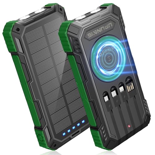 BLASOUL Solar Power Bank,Portable Charger with 4 Built-in Cables,Fast Charging External Battery Pack PD 3.0 USB-C Port for iPhone,iPad,Android,Perfect for Camping, Hiking
