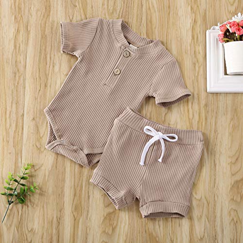 Newborn Baby Boy Girls Clothes Basic Plain Rib Stitch Short-Sleeve Top with Shorts 2 Pieces Outfits Set for Unisex (Brown Onesie Shorts Set, 18-24 Months) - Thumbnail 2