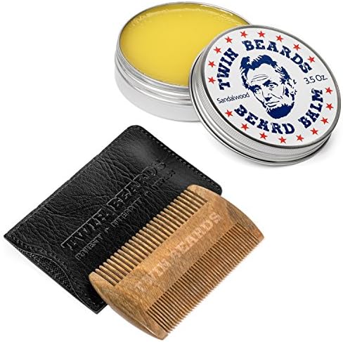 Twin Beards Beard Care Set for Men | 100% Sandalwood Beard Comb & PU Leather Slipcase | Sandalwood Beard Balm | Conditions & Strengthens Softer & Thicker Beard | Cocoa Butter & Jojoba Oil | 3.5 oz