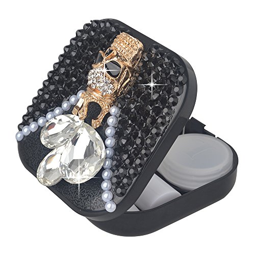 KAKA(TM Fashion Box Kit 3D Handmade Rhinestone Bling Crystal Design Skull Pattern Decorated Black Mini Contact lenses Case