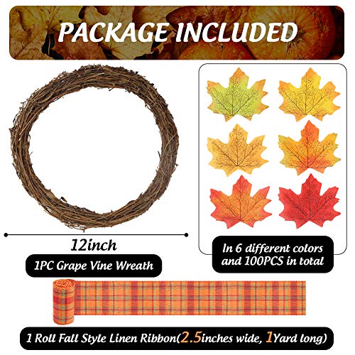 HAKACC 15 inch DIY Fall Wreath Autumn Wreath Supplies with Grapevine Wreath, Pumpkin,Maple Leaves and Artificial Berries for Autumn Halloween Thanksgiving Day