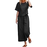 Women's Summer 2 Piece Outfits Cotton Linen Cap Sleeve Crop Top Wide Leg Pants Set Lounge Vacation Beach Travel Outfit