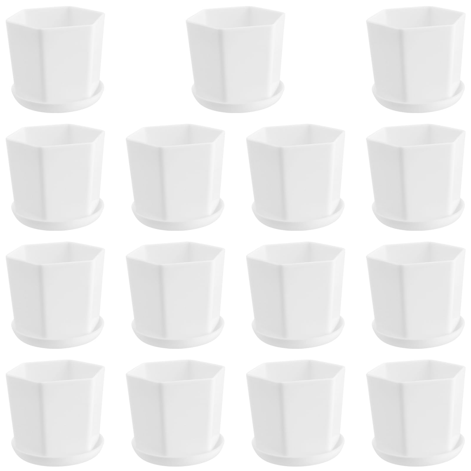 SEUNMUK 15 Pack 9cm Small Plastic Flower Pots, Indoor Garden Flower Container with Drainage Holes and Tray, Hexagonal White flowerpot Plant Pots for Succulent Cactus Herb Home Office Balcony Decor
