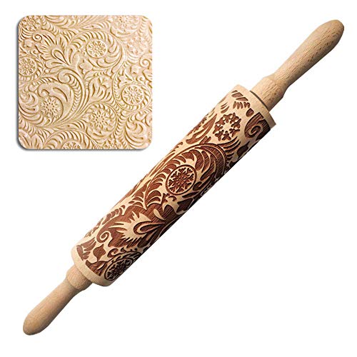 SeaHome Wooden Rolling Pins with Flower Embossing, Paisley Embossed Natural Wood Carved Snowflake Vine Plant Engraved Rolling Pin for Christmas Baking Cookies, Biscuits (35cm / 13.7")