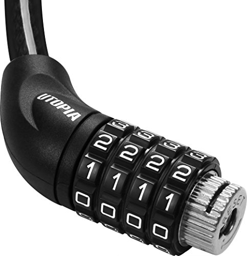 Utopia Home Bicycle Cable 4 Digit Combination Lock - 3 Feet - Lightweight - Black Color - Vinyl Coating - Black Cable Lock (1)