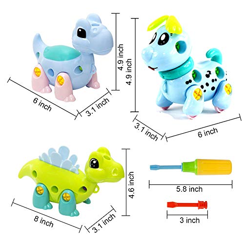 image for WenToyce 3 Pack Take Apart Dinosaur Dog Toy Set with Tools|Kids can Ta