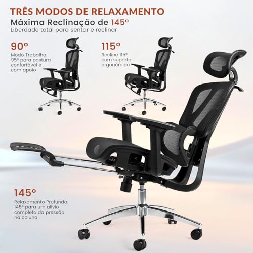 Cadeira Ergonomica,Cadeira Escritorio FivDaily L780, Giratória Reclinável 145°, Encosto Elevável Ajustável, Lombar Flutuante, Cabeça 8D, Braços 5D, Base Aço, Apoio para Pés para Home Office (Preto)