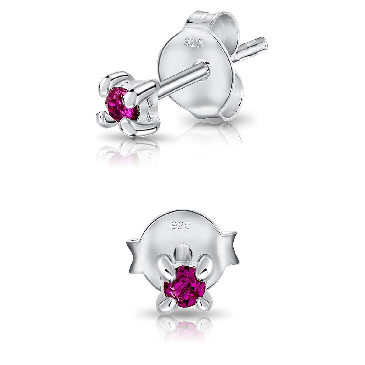 Small Tiny 925 Sterling Silver Round Stud Earrings made with Glittering Crystals - Fuchsia Stud Earrings for Women - Diameter: 2 mm