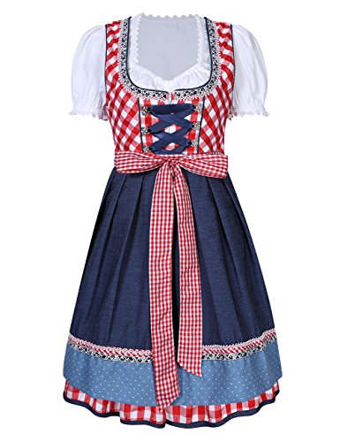 KoJooin Women's German Dirndl Dress 3 Pieces Oktoberfest Costumes (L, Red Plaid)